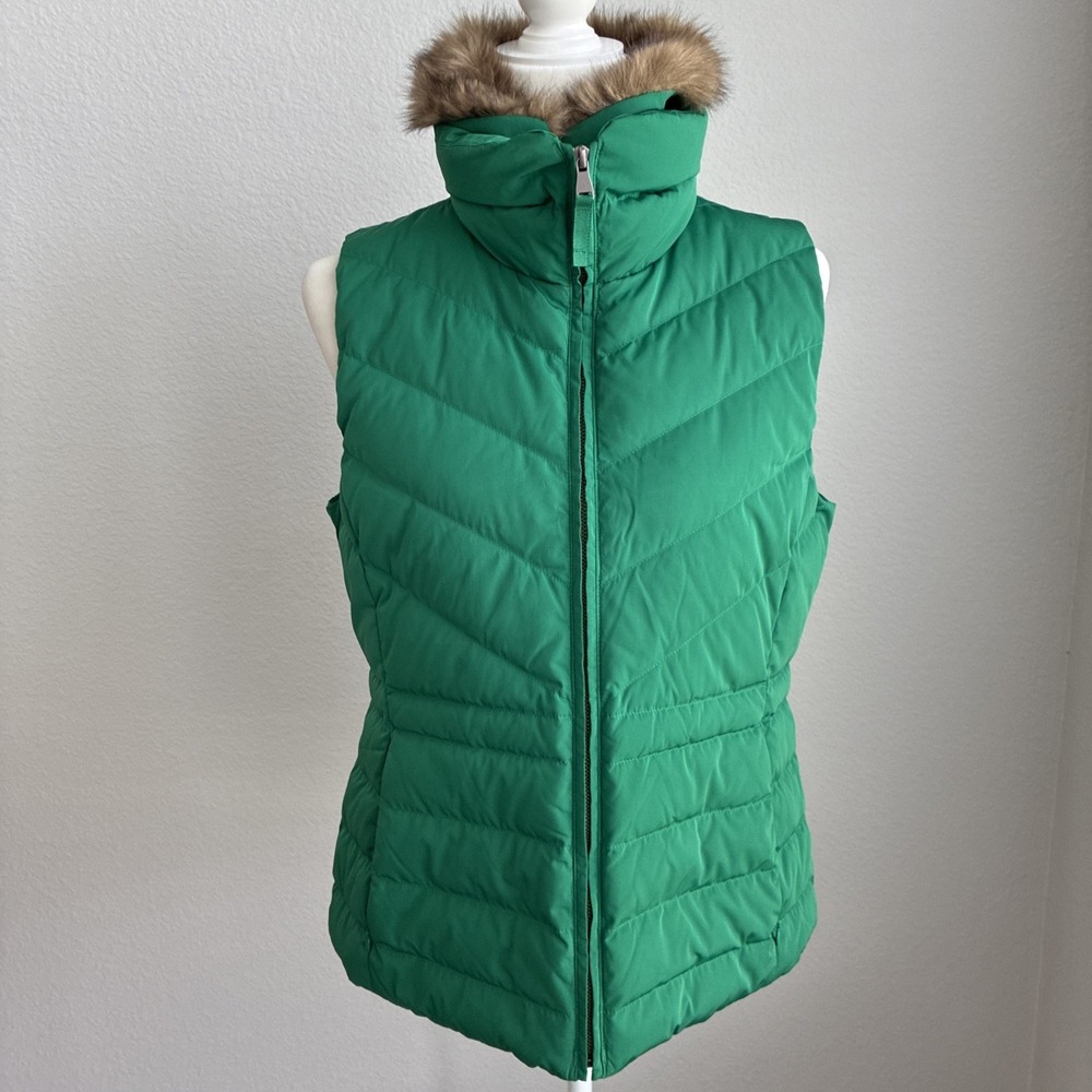 TALBOTS Goose Down Puffer Vest Faux Fur Detachable Hood Petite Medium Layer